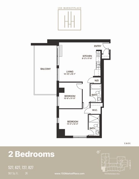 Floor plan for 2 beds, 2 baths, 967 sqft